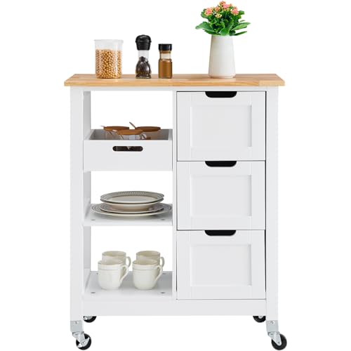 White 26 inch Wood Top Mobile Kitchen Island Cart with 3 Drawers and Shelves N780