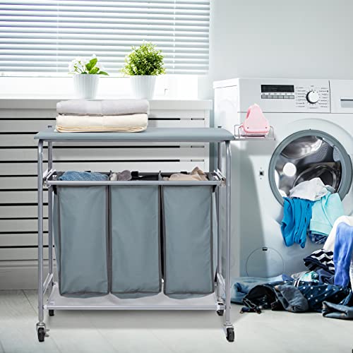 Blue Grey Rolling Laundry Sorter with Ironing Board and 3-Bag L3043