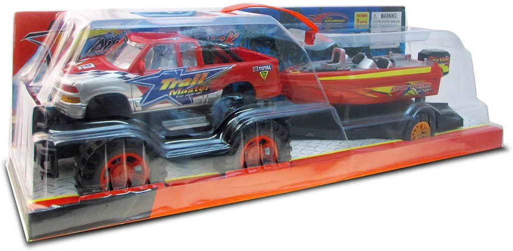 Red Black 9 Inch Truck with Detachable Trailer and 10 Inch Boat Friction Push Powered Playset W929
