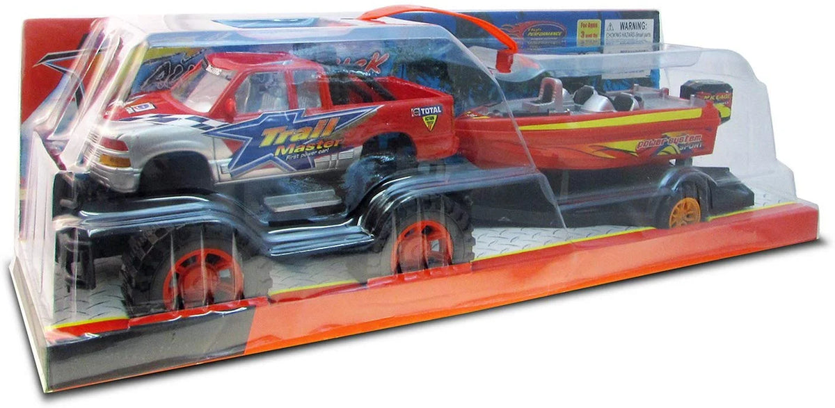 Red Black 9 Inch Truck with Detachable Trailer and 10 Inch Boat Friction Push Powered Playset W929