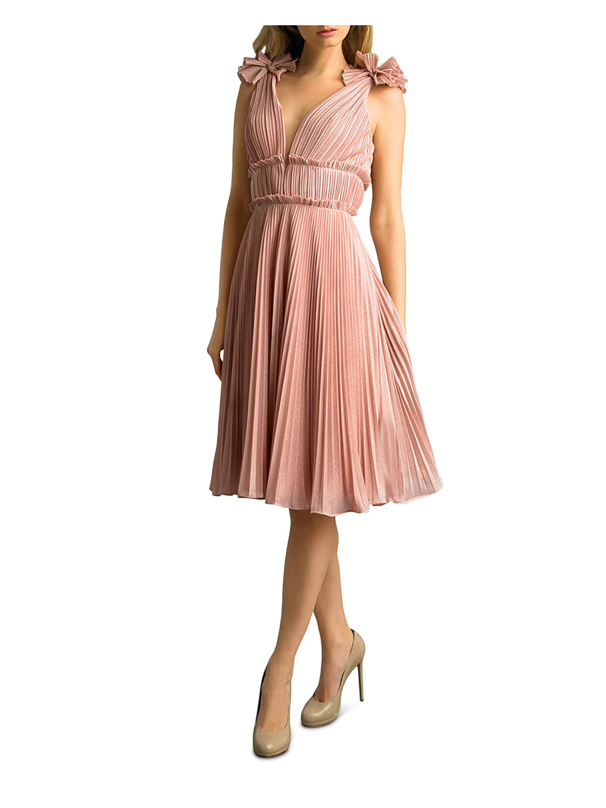 Pink Pleated Spaghetti Strap V Neck Fit + Flare Dress 6 J1697