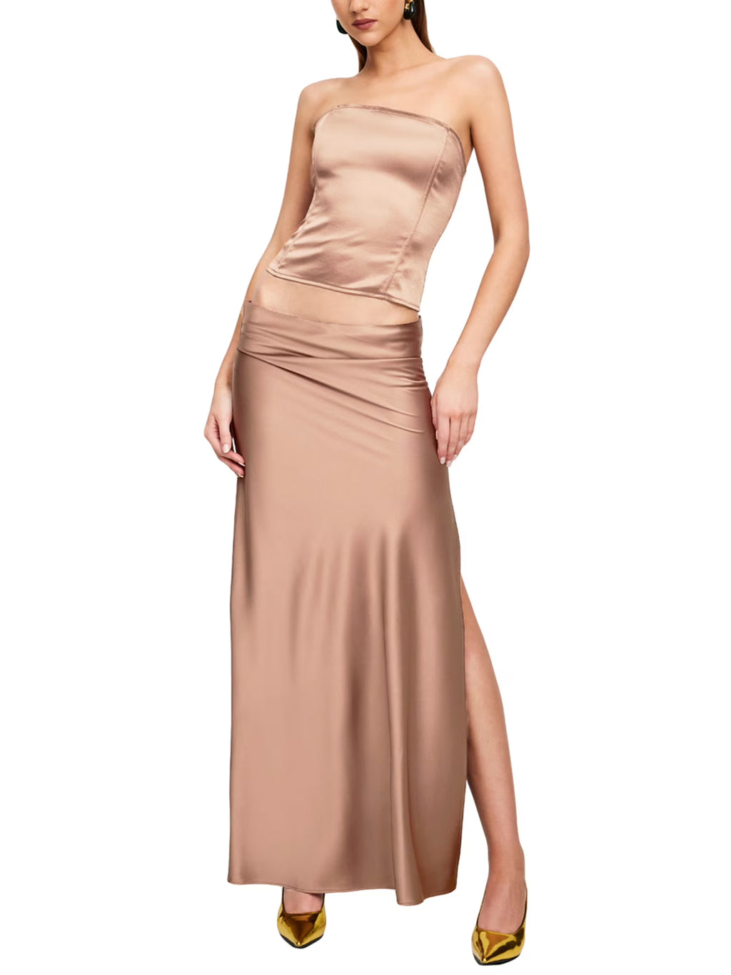 Satin Strapless Tube Tops High Waist Bodycon Slit Long Skirt Set N4074