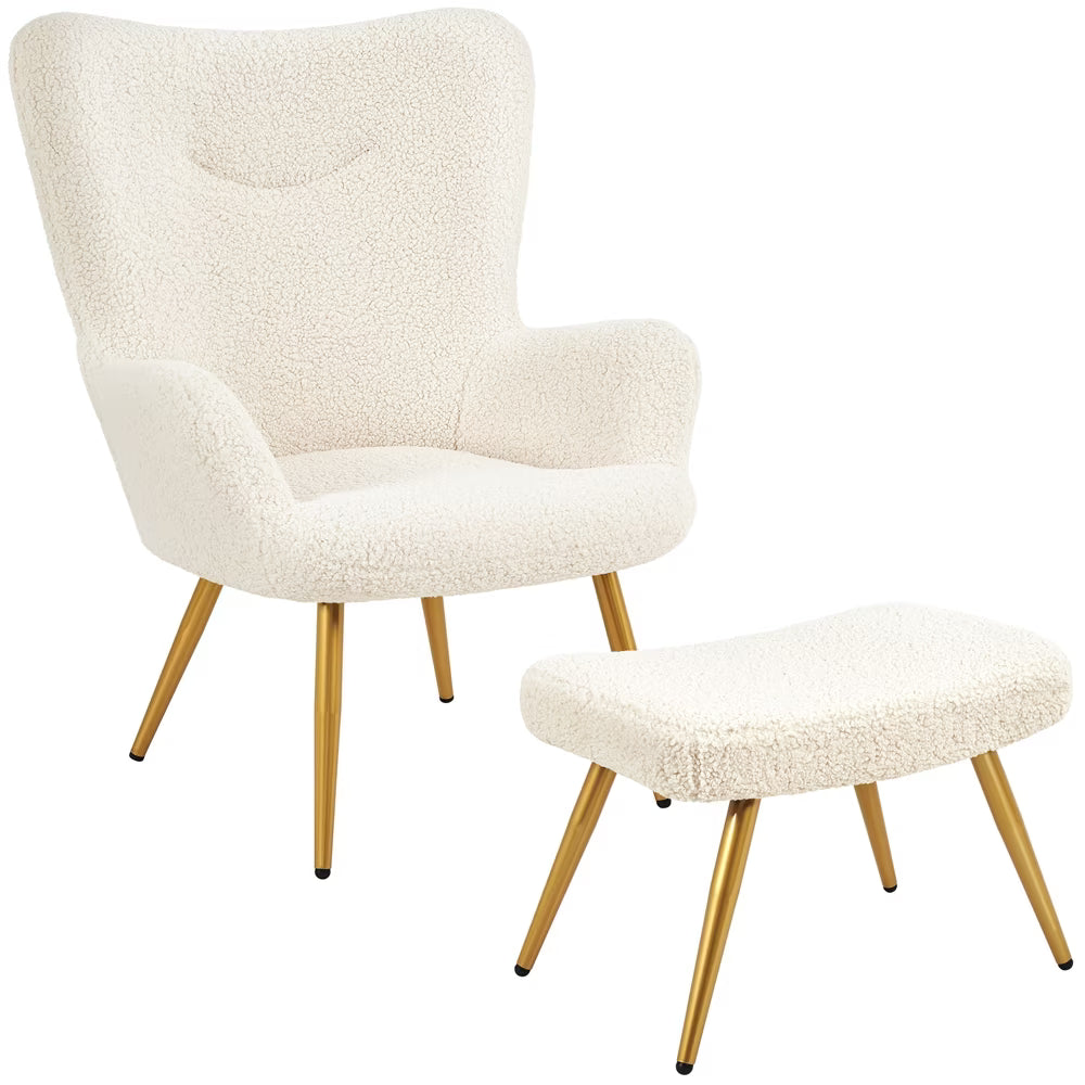 Ivory Boucle Accent Chair and Ottoman Set with Golden Metal Legs Q43611