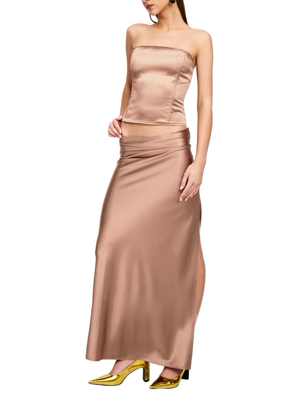 Satin Strapless Tube Tops High Waist Bodycon Slit Long Skirt Set N4074