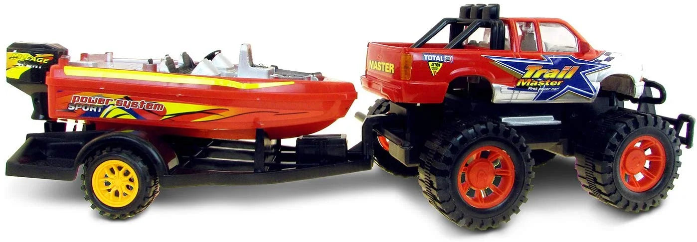 Red Black 9 Inch Truck with Detachable Trailer and 10 Inch Boat Friction Push Powered Playset W929