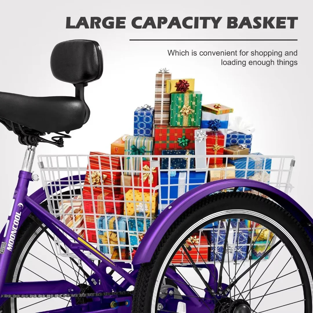 24"/26" Adult Tricycle Bike, 7 Speed 3-Wheel Bicycle, with Backrest & Shopping Basket L45425