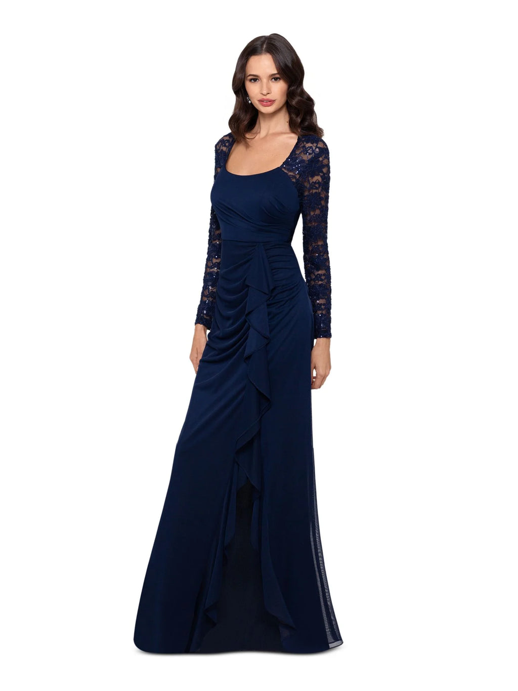 Navy Lace Sequined Long Sleeve Scoop Neck Full-Length Body Con Dress H2397