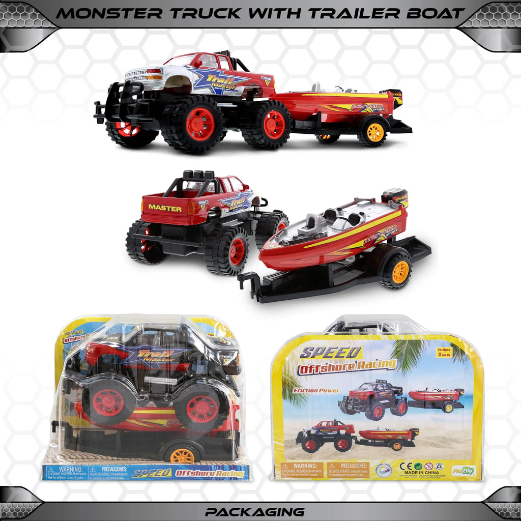 Red Black 9 Inch Truck with Detachable Trailer and 10 Inch Boat Friction Push Powered Playset W929