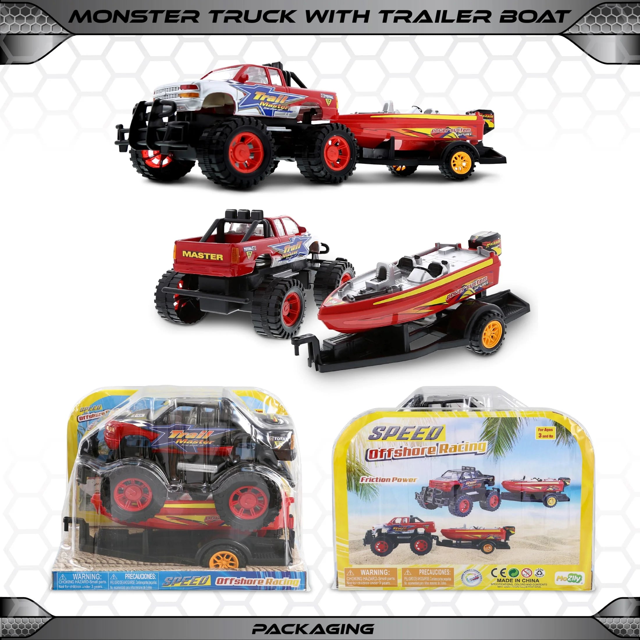 Red Black 9 Inch Truck with Detachable Trailer and 10 Inch Boat Friction Push Powered Playset W929