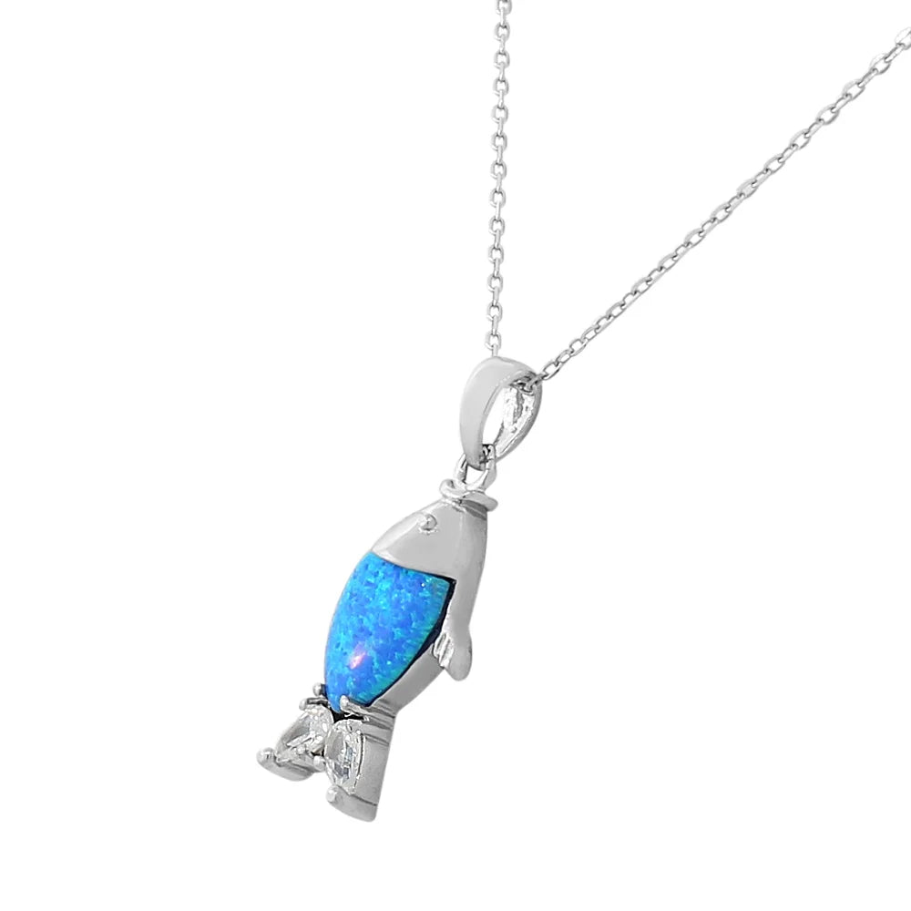 925 Sterling Silver CZ Blue Turquoise-Tone Fish Simulated Opal Pendant Necklace L381