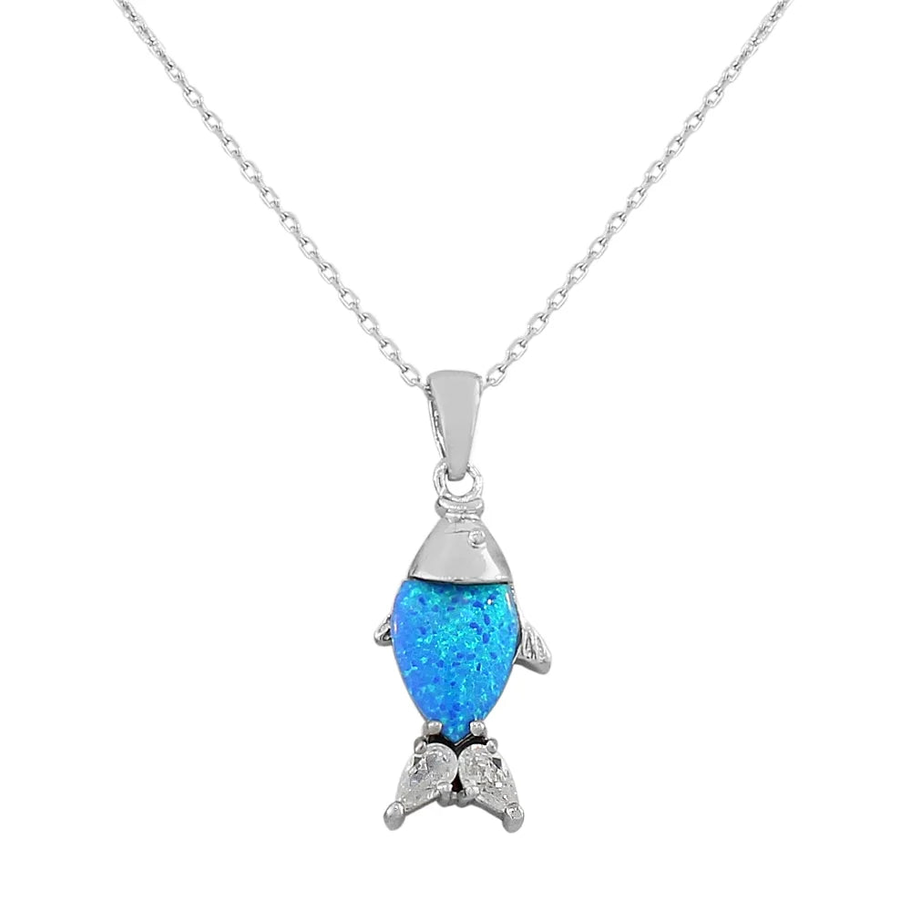 925 Sterling Silver CZ Blue Turquoise-Tone Fish Simulated Opal Pendant Necklace L381