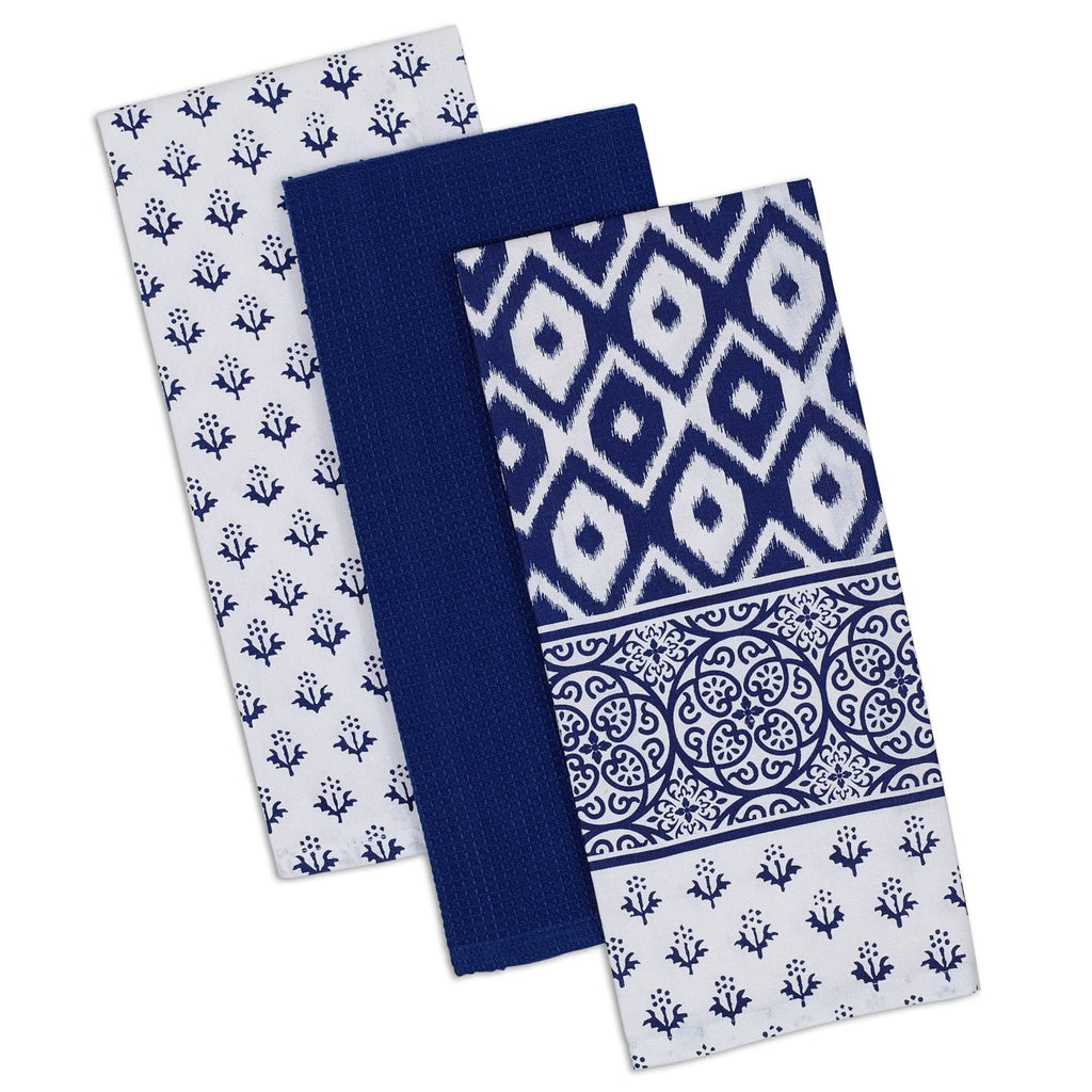 Blue and White Floral Print Rectangular Dishtowels Set of 3 D26294