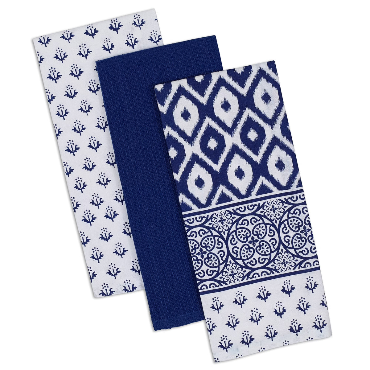 Blue and White Floral Print Rectangular Dishtowels Set of 3 D26294