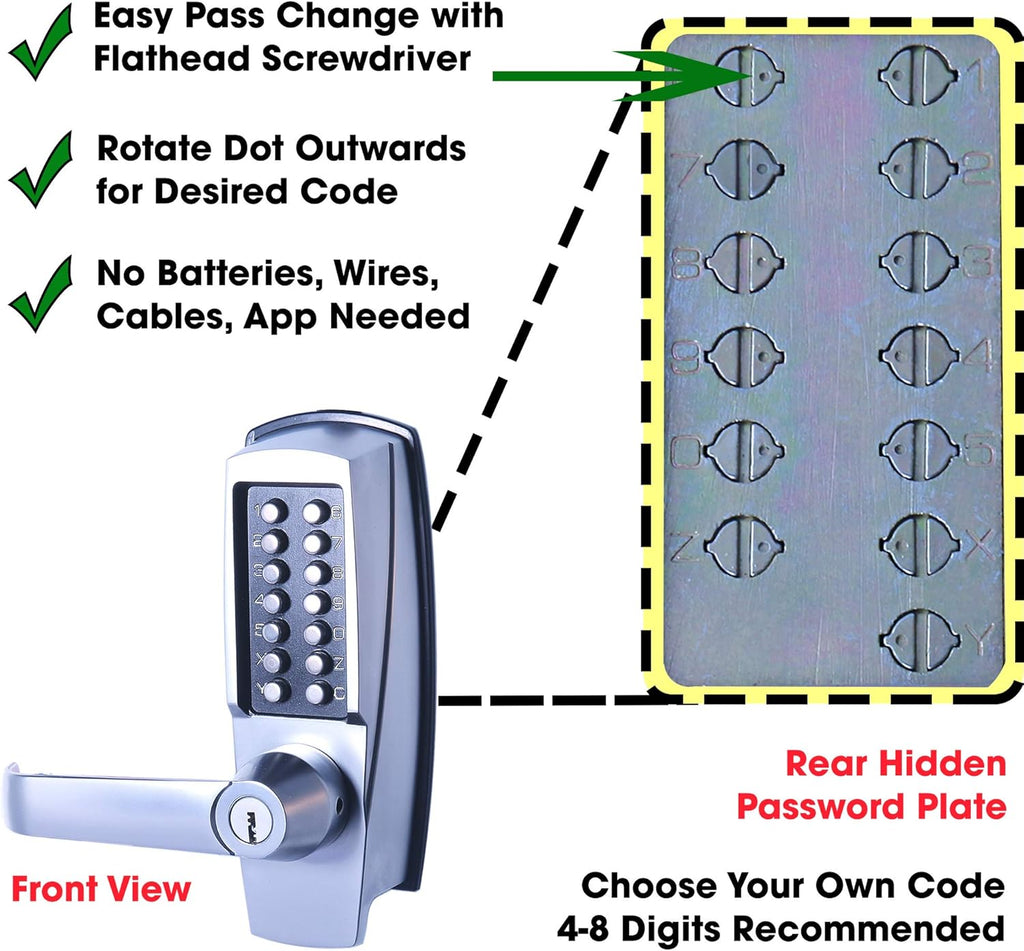 Mechanical Push Button Lever Lock, 60mm Backset, 13 Digit Keypad, Satin Chrome X910
