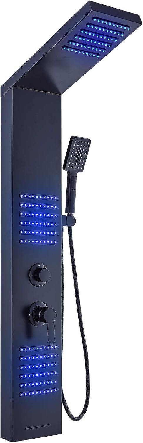 Black Stainless Steel Shower Panel with LED Body Jets B727