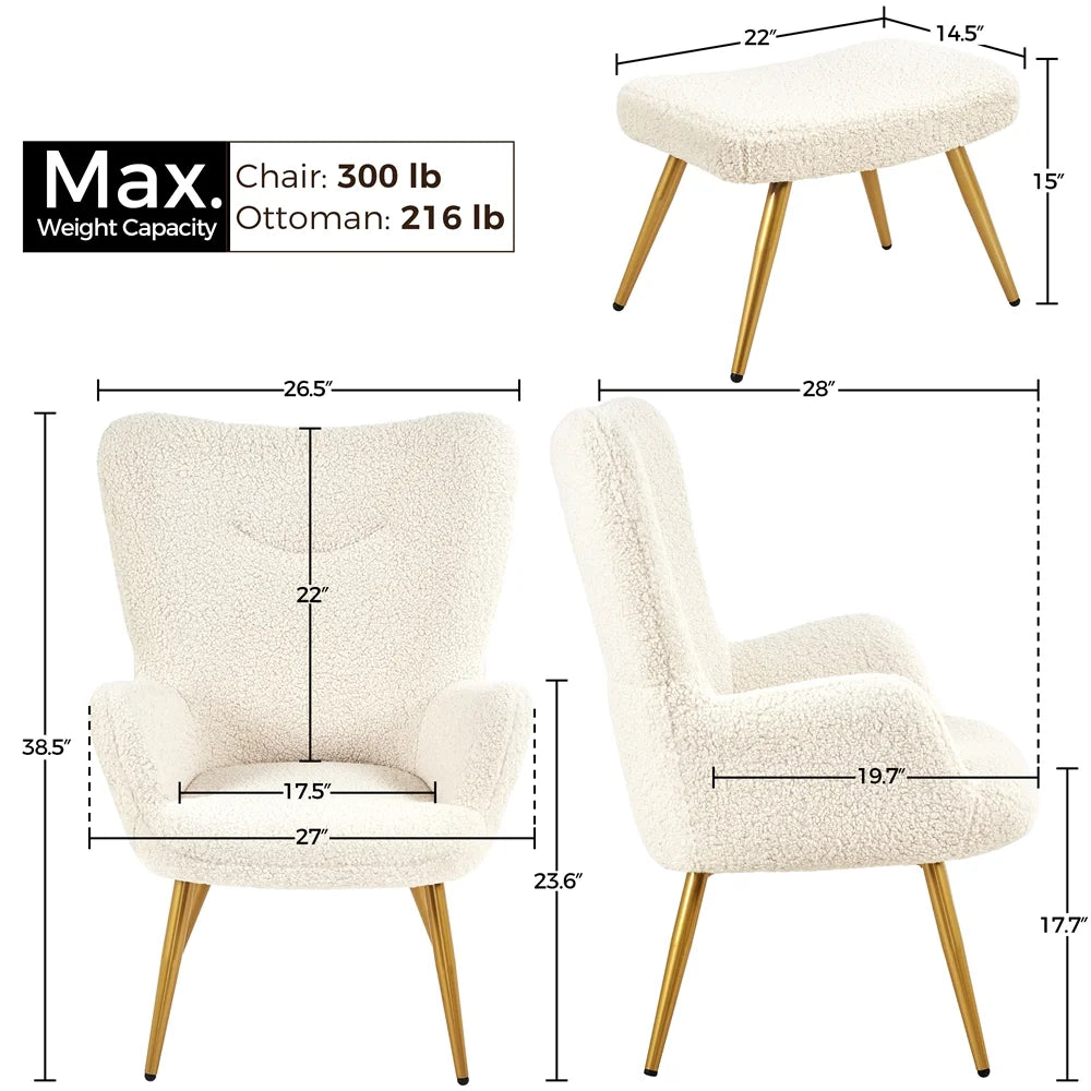 Ivory Boucle Accent Chair and Ottoman Set with Golden Metal Legs Q43611