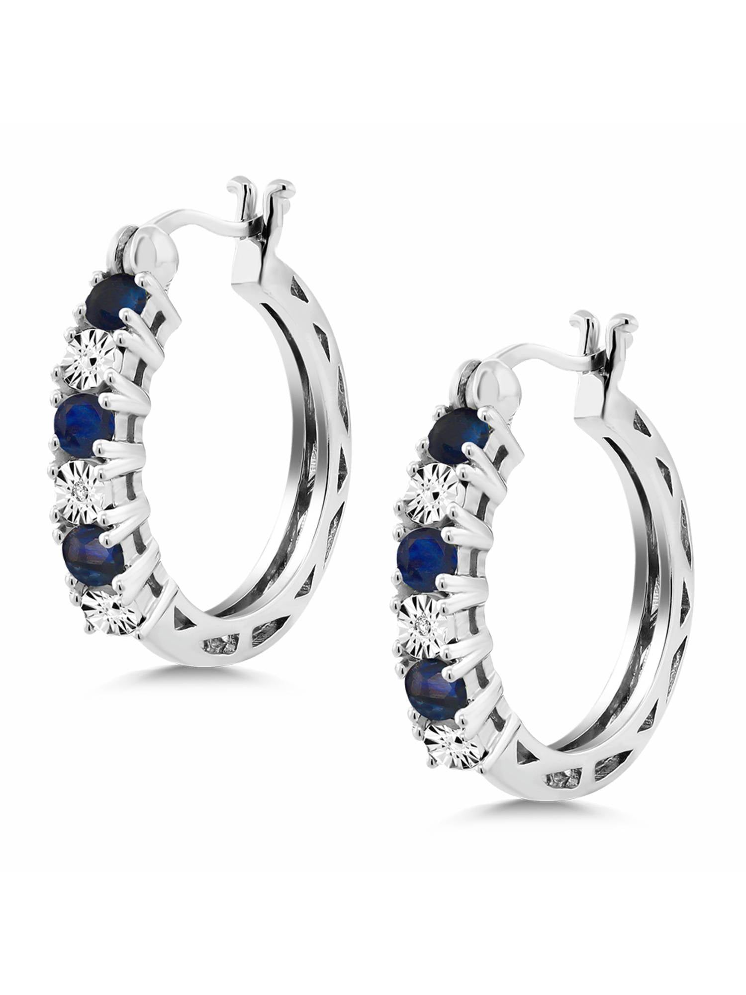 925 Sterling Silver Blue Sapphire Hoop Earrings B240