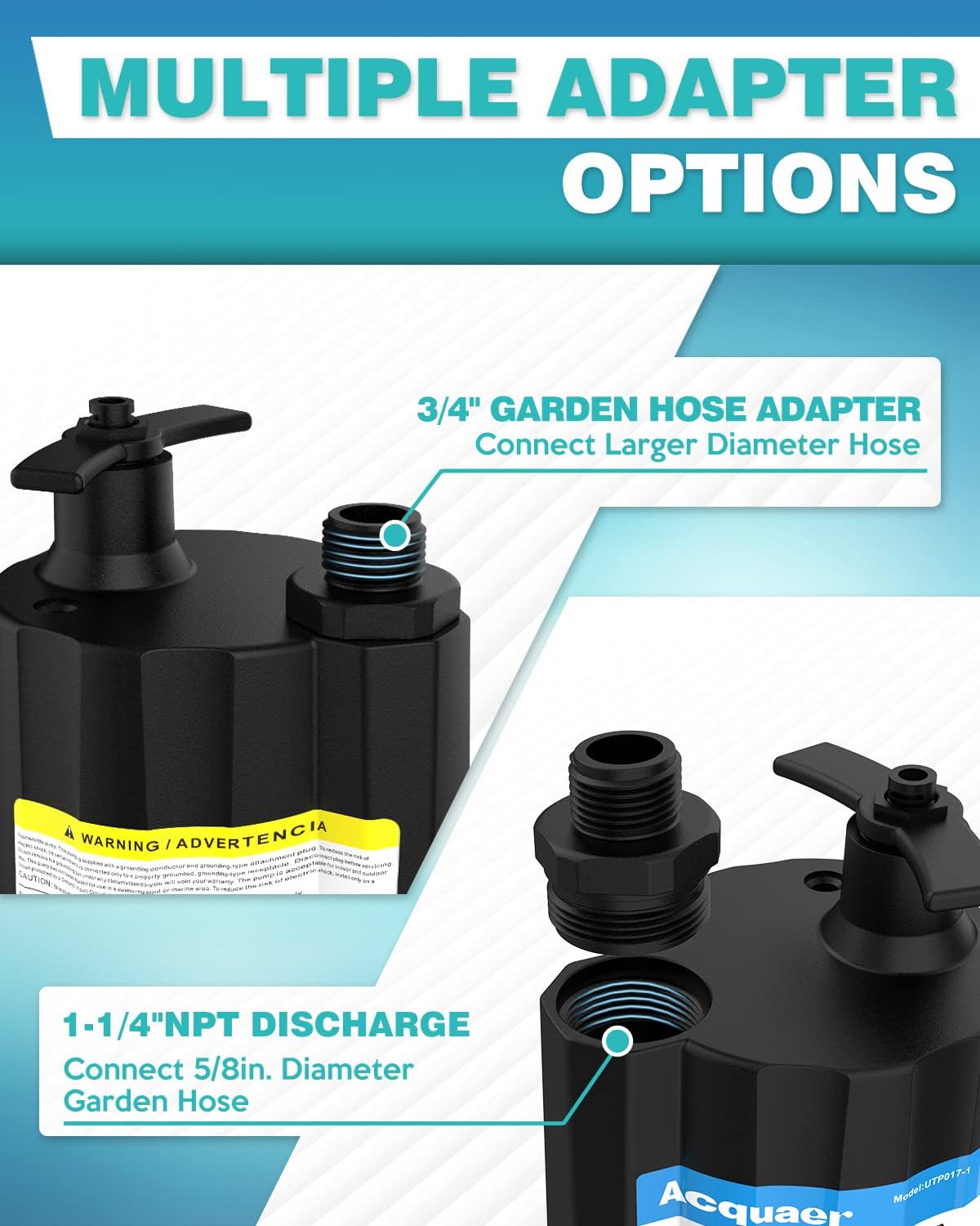 Submersible Water Pump 1/6 HP Thermoplastic Utility Pump 1750GPH with 10 ft Cord Pack of 2 T9937