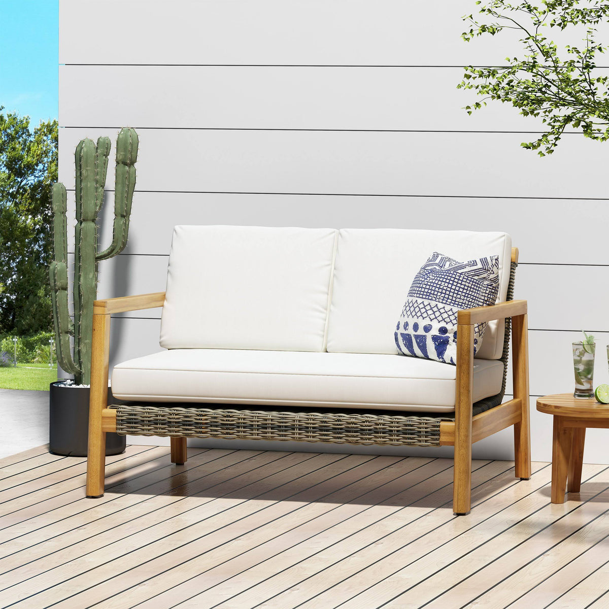 Acacia Wood Loveseat with Wicker Accents O20359