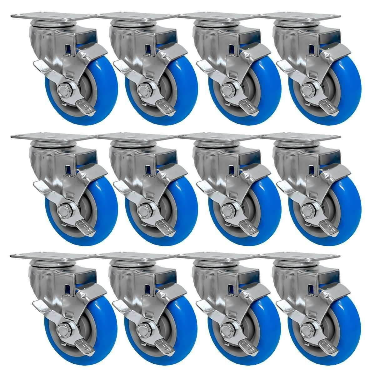 12 Pack 4 inch Blue Heavy Duty Caster Wheel with Top Plate and Side Lock Brake S34525