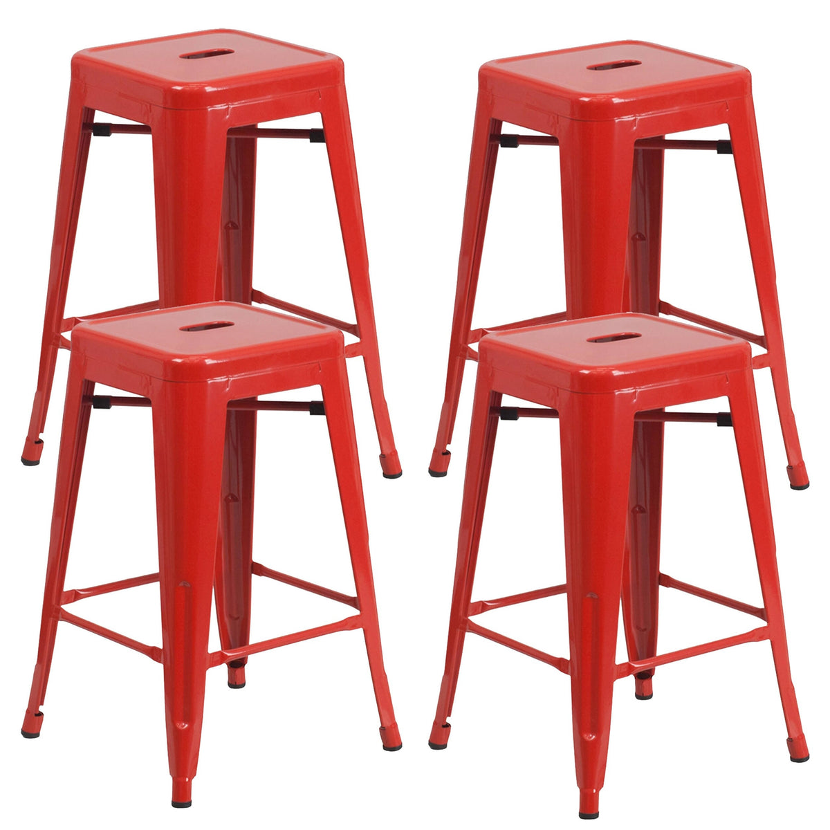 Stackable Industrial Metal Counter Stool - Set of 4 - Red H620