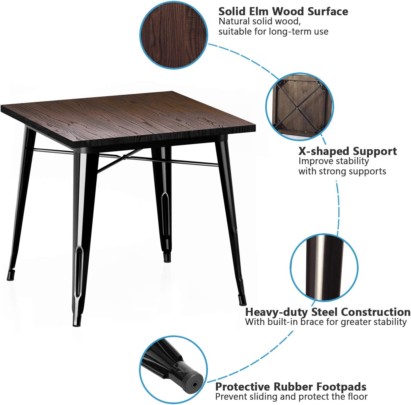 29.5 Inches Height Metal Dining Table with Solid Wood Top, Gloss Black C5996