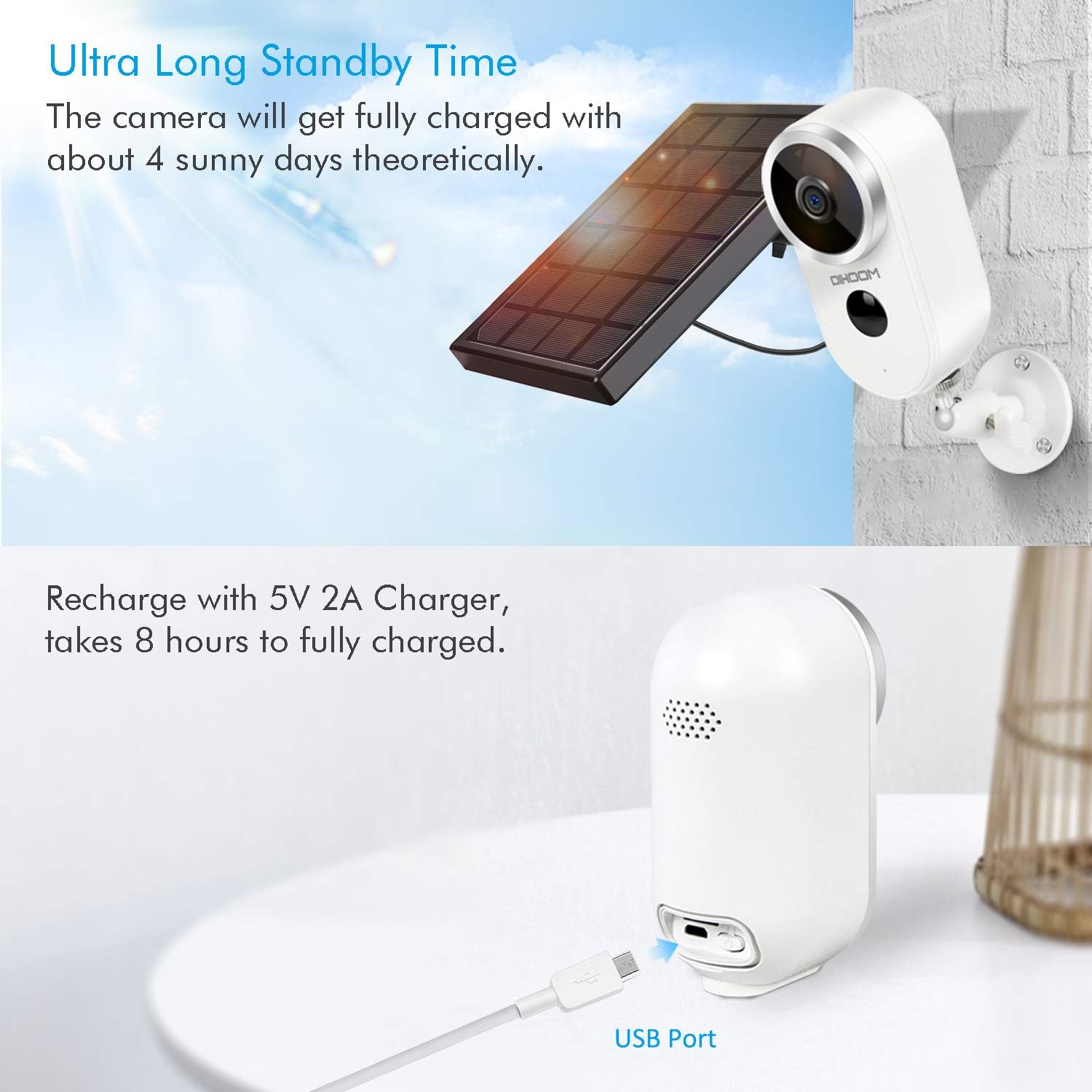 Outdoor Solar Security Camera Wireless 1080P Rechargeable Battery Powered WiFi Camera 2 Way Audio HD Video Wirefree IP Camera Motion Alarm Home Surveillance Camera System U194606