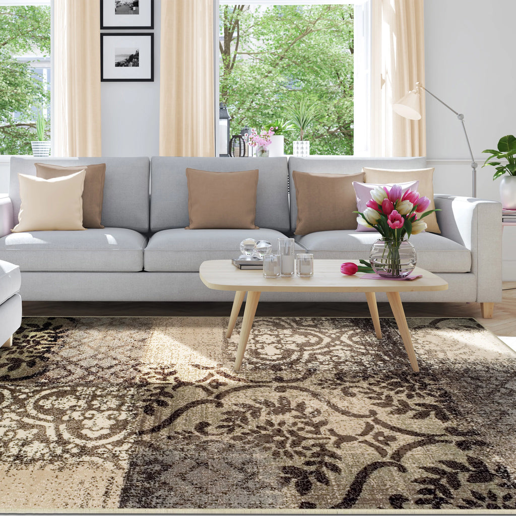 Beige-Brown Floral Medallion Area Rug, 8' x 10' I3308