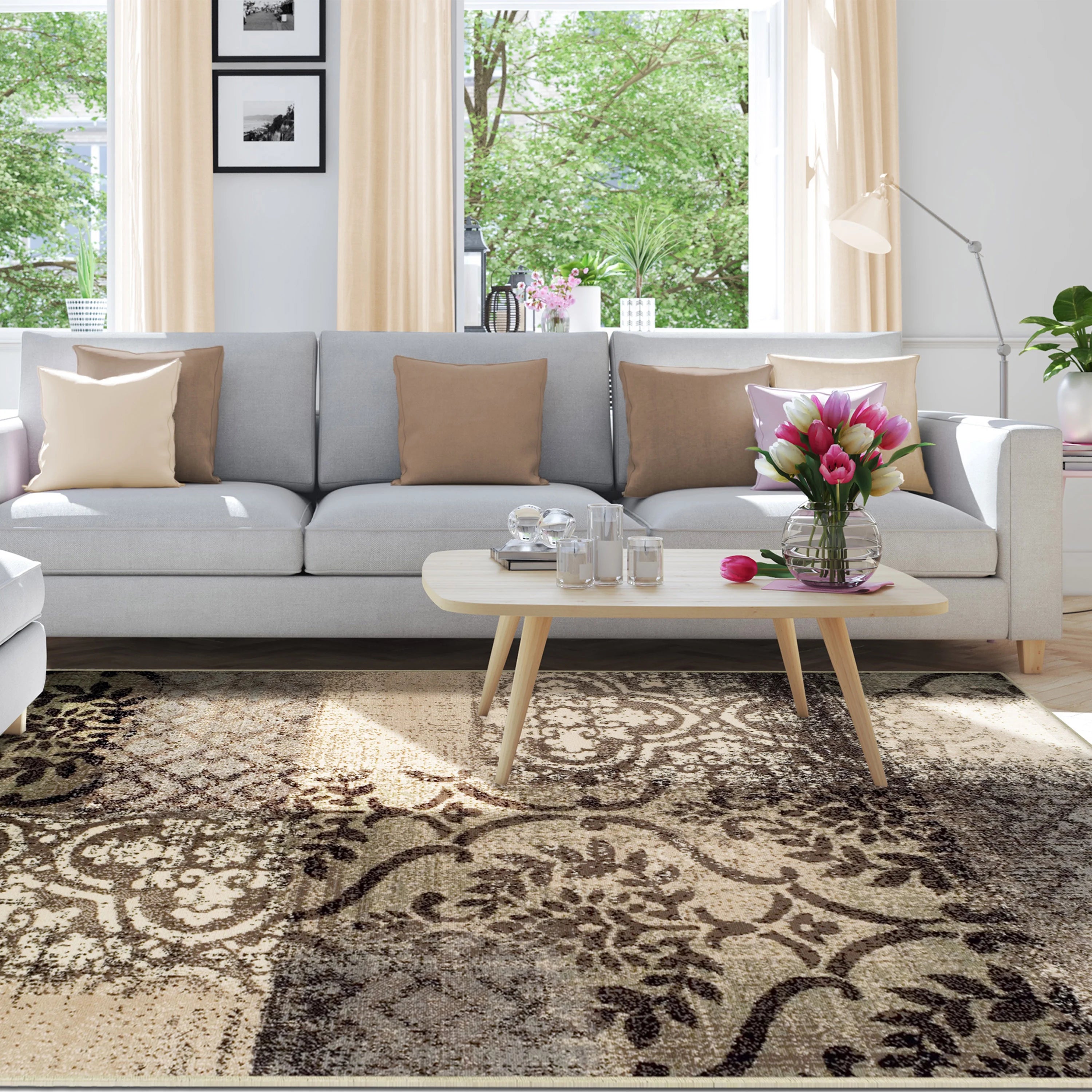 Beige-Brown Floral Medallion Area Rug, 8' x 10' I3308