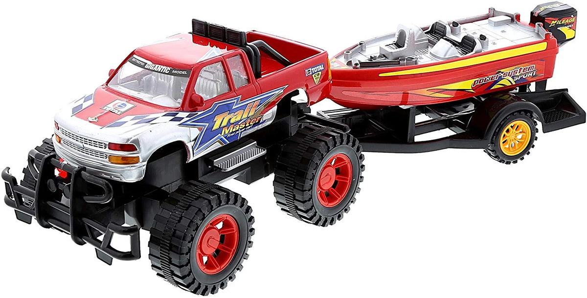 Red Black 9 Inch Truck with Detachable Trailer and 10 Inch Boat Friction Push Powered Playset W929