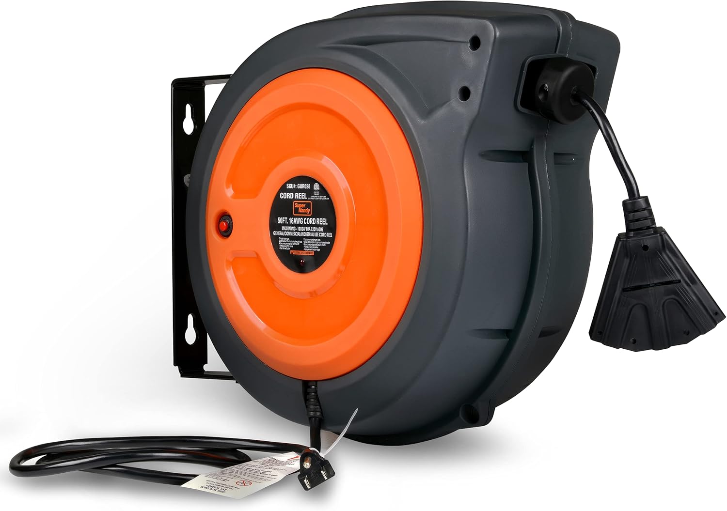 Retractable Extension Cord Reel 16AWG x 50' Feet Industrial Polypropylene Ultra Heavy Duty 3C SJTOW Commercial Ultra Flexible Cable Triple Tap Connector O318039