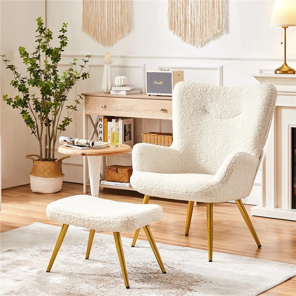 Ivory Boucle Accent Chair and Ottoman Set with Golden Metal Legs Q43611