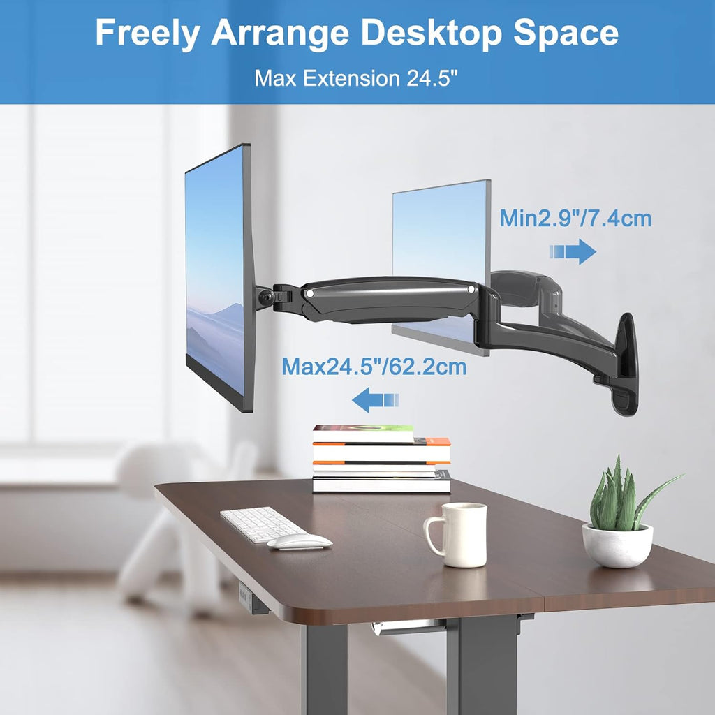 Single Wall Monitor Mount, Full Range Motion Wall Mounted Monitor Arm, Fully Adjustable PC Computer Wall Mount with Extendable Arm Fits up to 27" 13.2lbs Screens Max VESA Size 100x100mm Pack of 2 Y5075