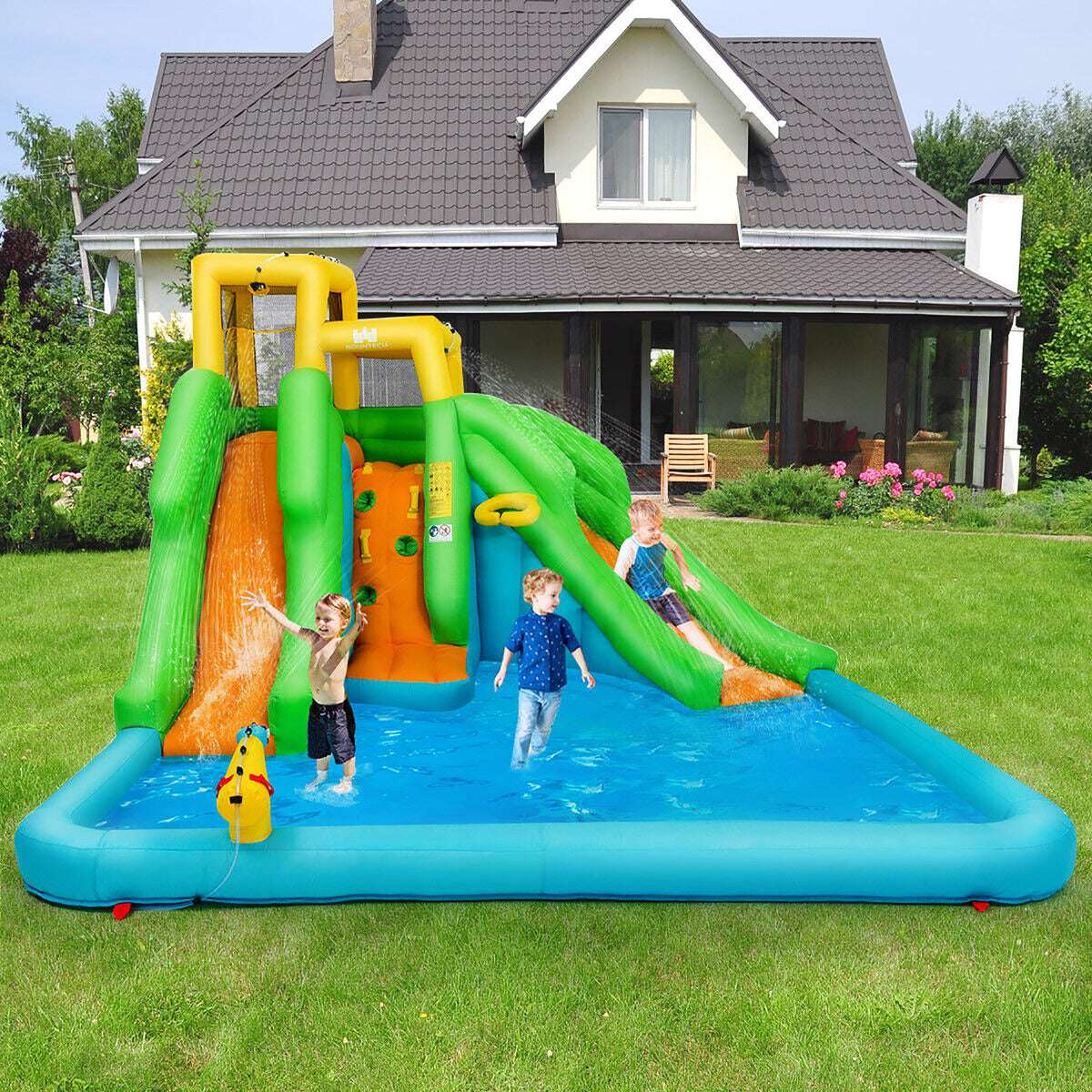 Inflatable Water Park Bounce House Two-Slide Bouncer with Climbing Wall and 550W Blower M839469