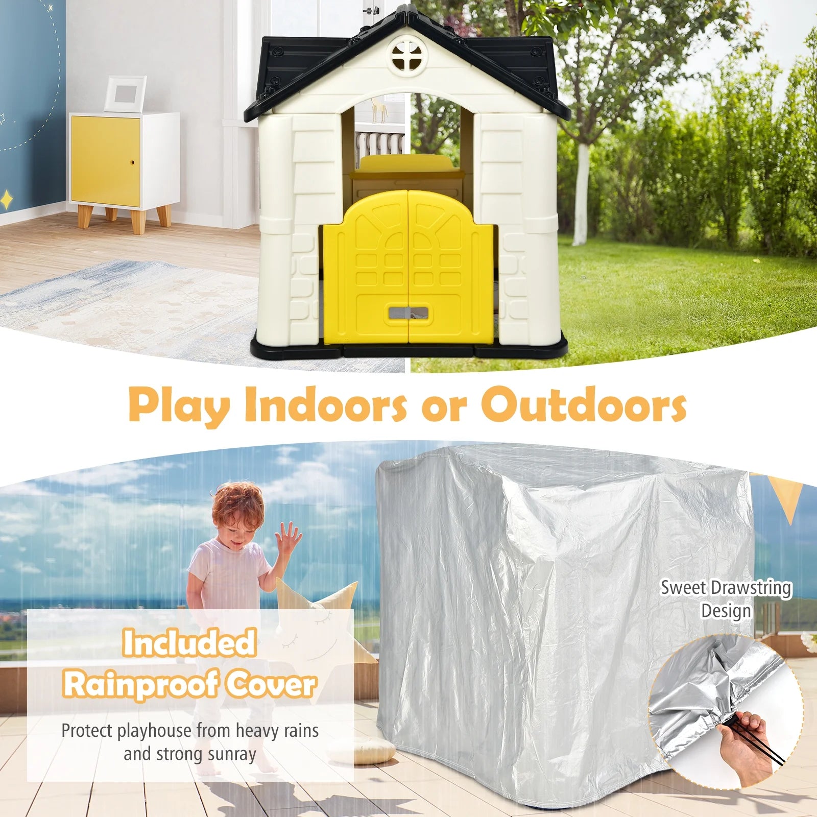 Yellow Playhouse Games Cottage with 7 PCS Toy Set and Waterproof Cover L449