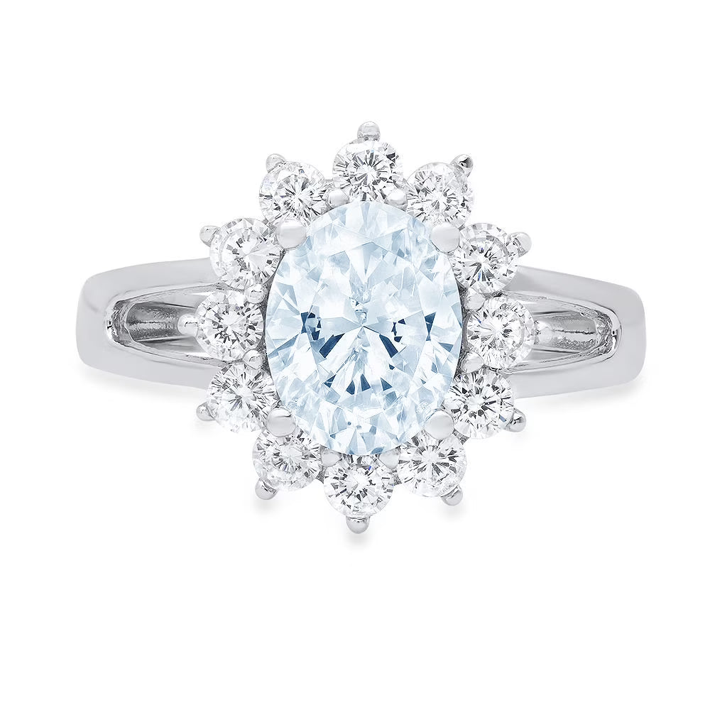 Oval Cut Natural Swiss Blue Topaz 18k White Gold Halo Ring V727