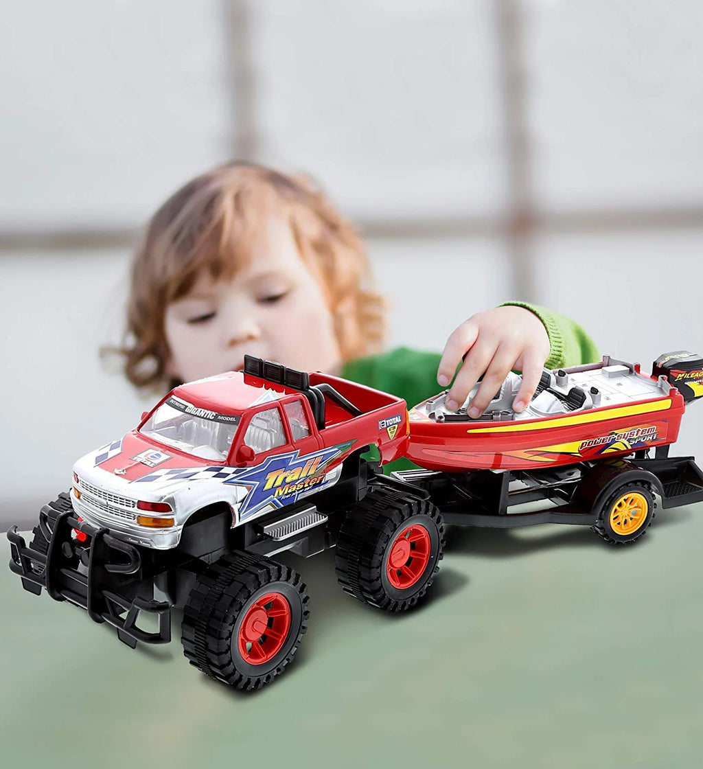 Red Black 9 Inch Truck with Detachable Trailer and 10 Inch Boat Friction Push Powered Playset W929