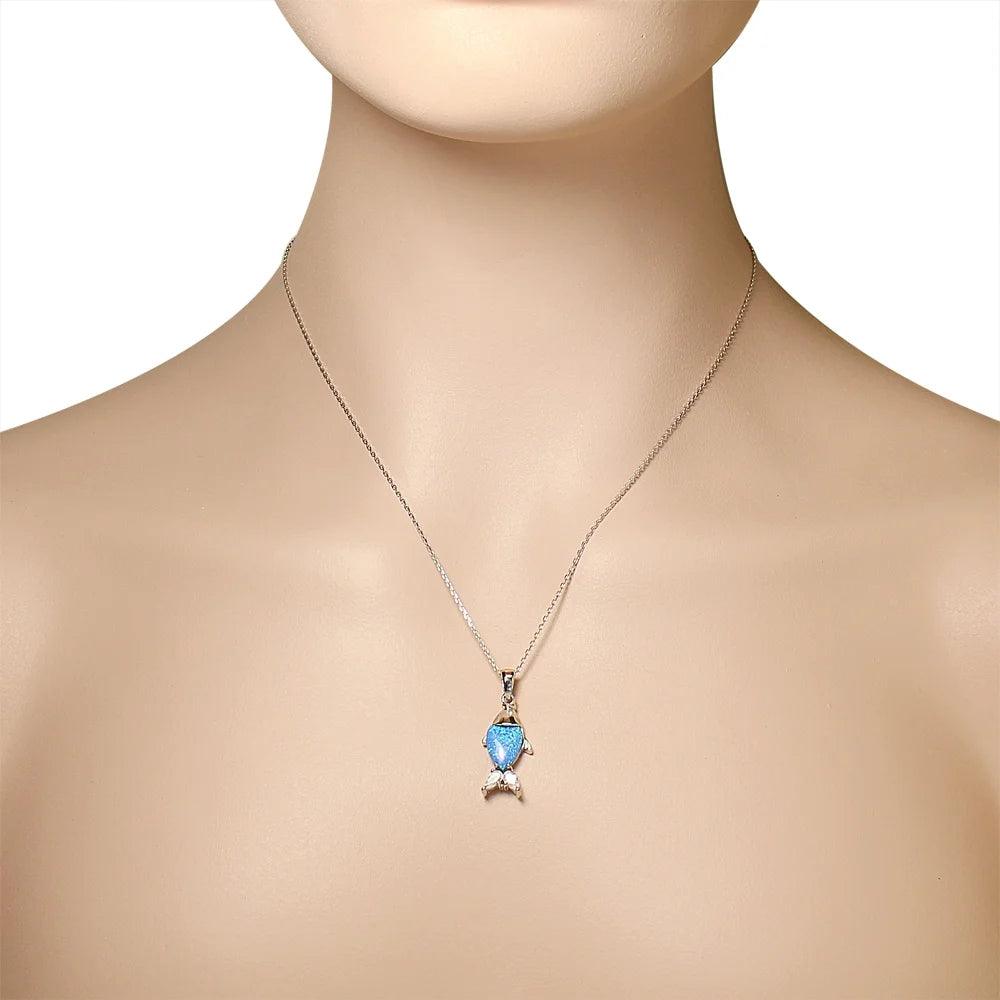 925 Sterling Silver CZ Blue Turquoise-Tone Fish Simulated Opal Pendant Necklace L381