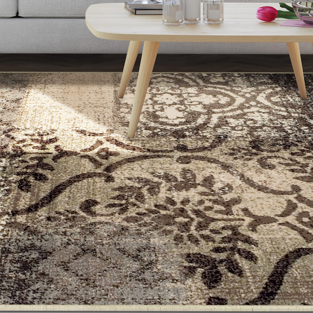 Beige-Brown Floral Medallion Area Rug, 8' x 10' I3308