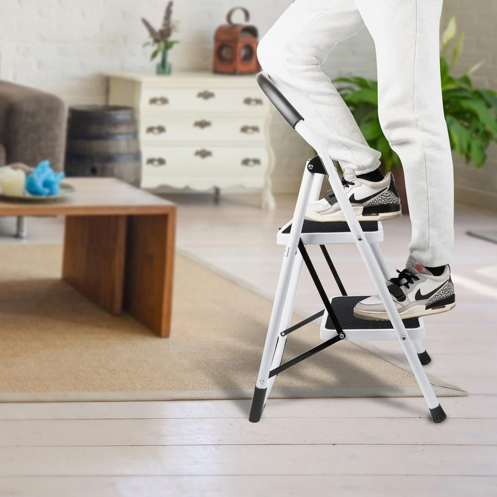 2 Step Folding Ladder with Arc-Shaped Handrail Metal Anti-Slip Base Wide Pedal Lightweight 330 LB Capacity Pack of 2 E7396