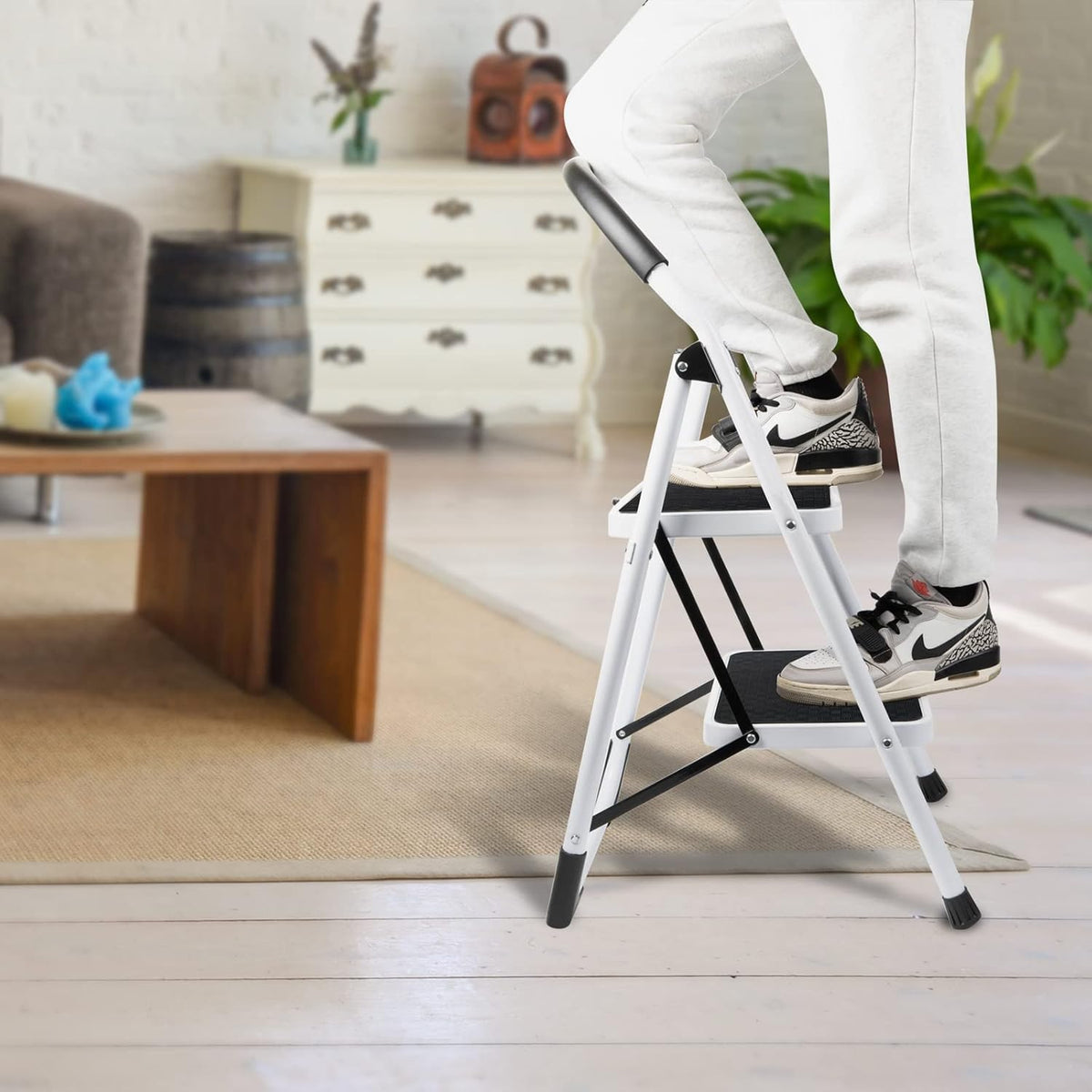 2 Step Folding Ladder with Arc-Shaped Handrail Metal Anti-Slip Base Wide Pedal Lightweight 330 LB Capacity Pack of 2 E7396