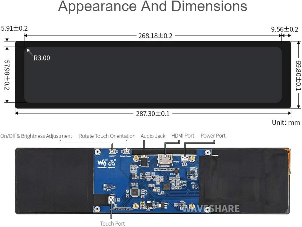 11.9inch Capacitive Touch Screen LCD 320×1480 Resolution HDMI Display IPS Display Panel U61951