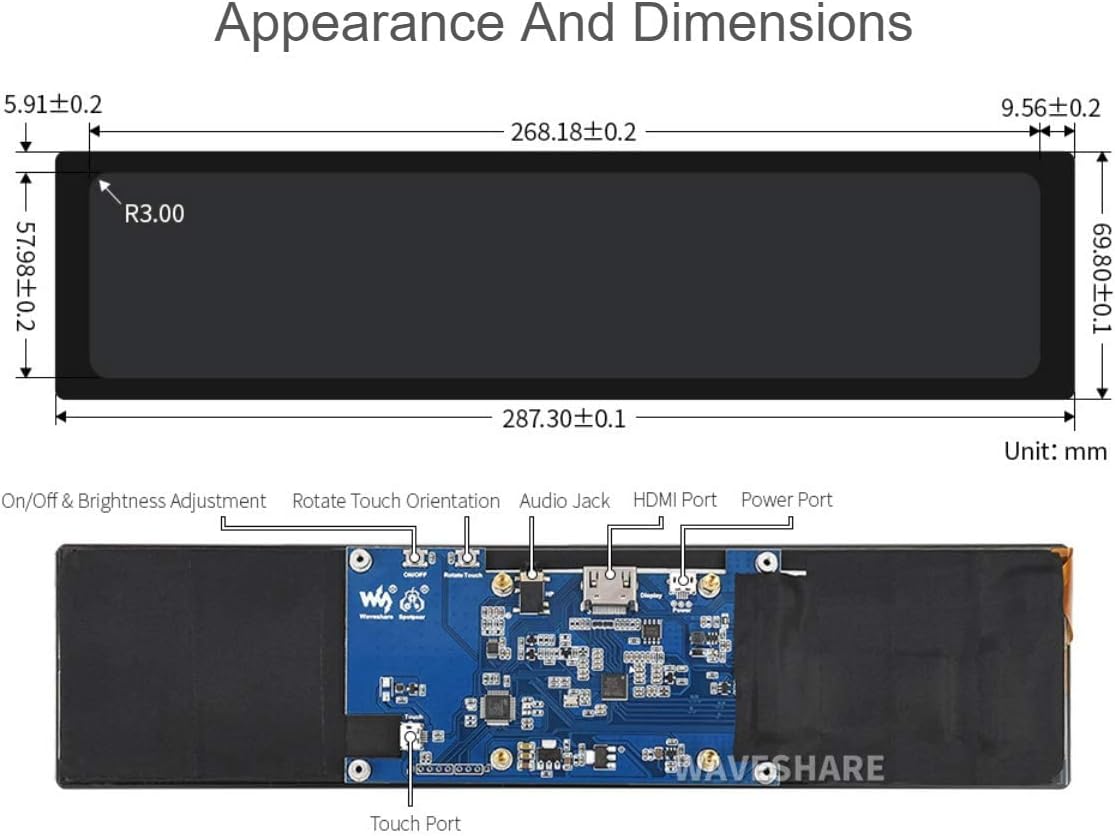 11.9inch Capacitive Touch Screen LCD 320×1480 Resolution HDMI Display IPS Display Panel U61951