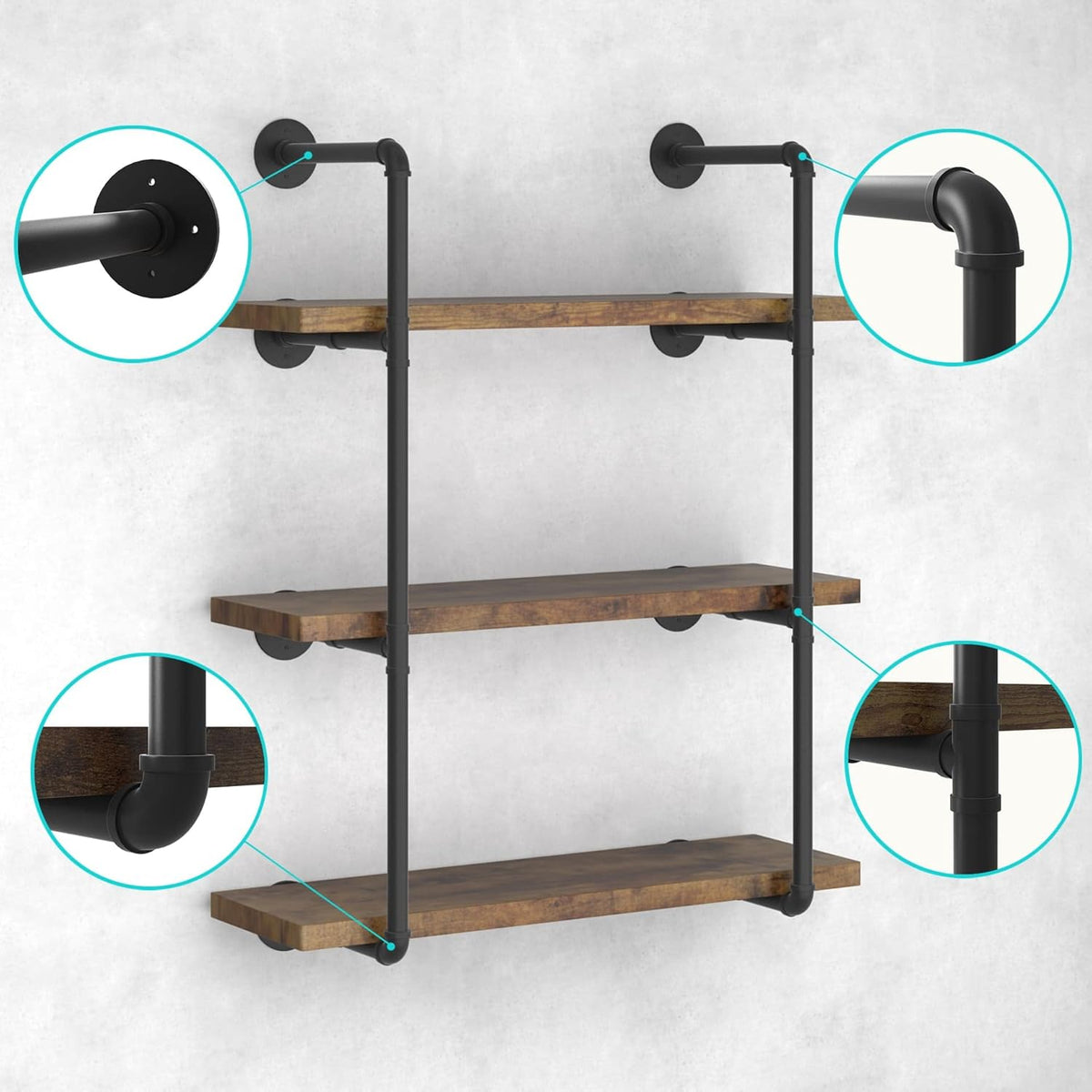 Industrial Wall Mount Iron Pipe Shelf Black 3 Tier X2 Z13265