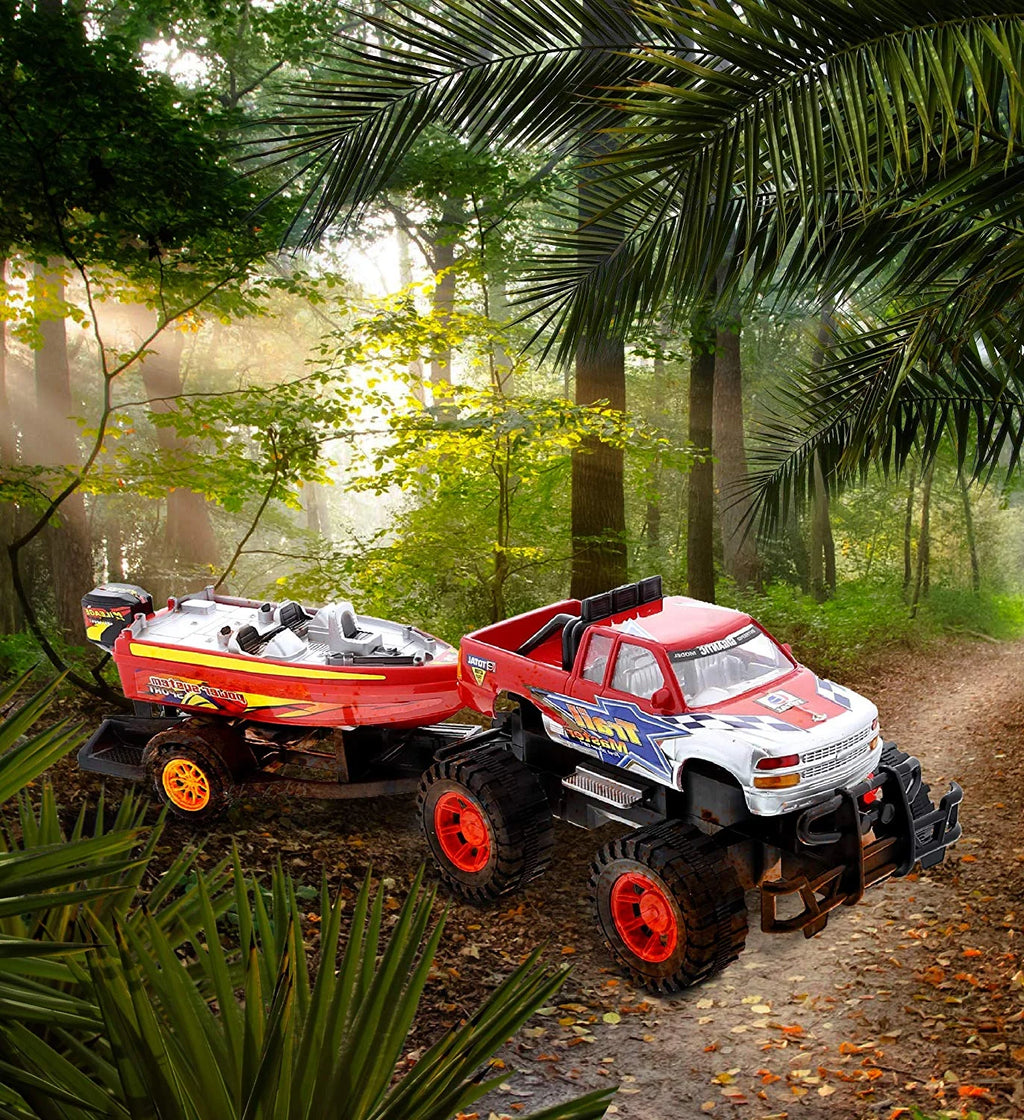 Red Black 9 Inch Truck with Detachable Trailer and 10 Inch Boat Friction Push Powered Playset W929