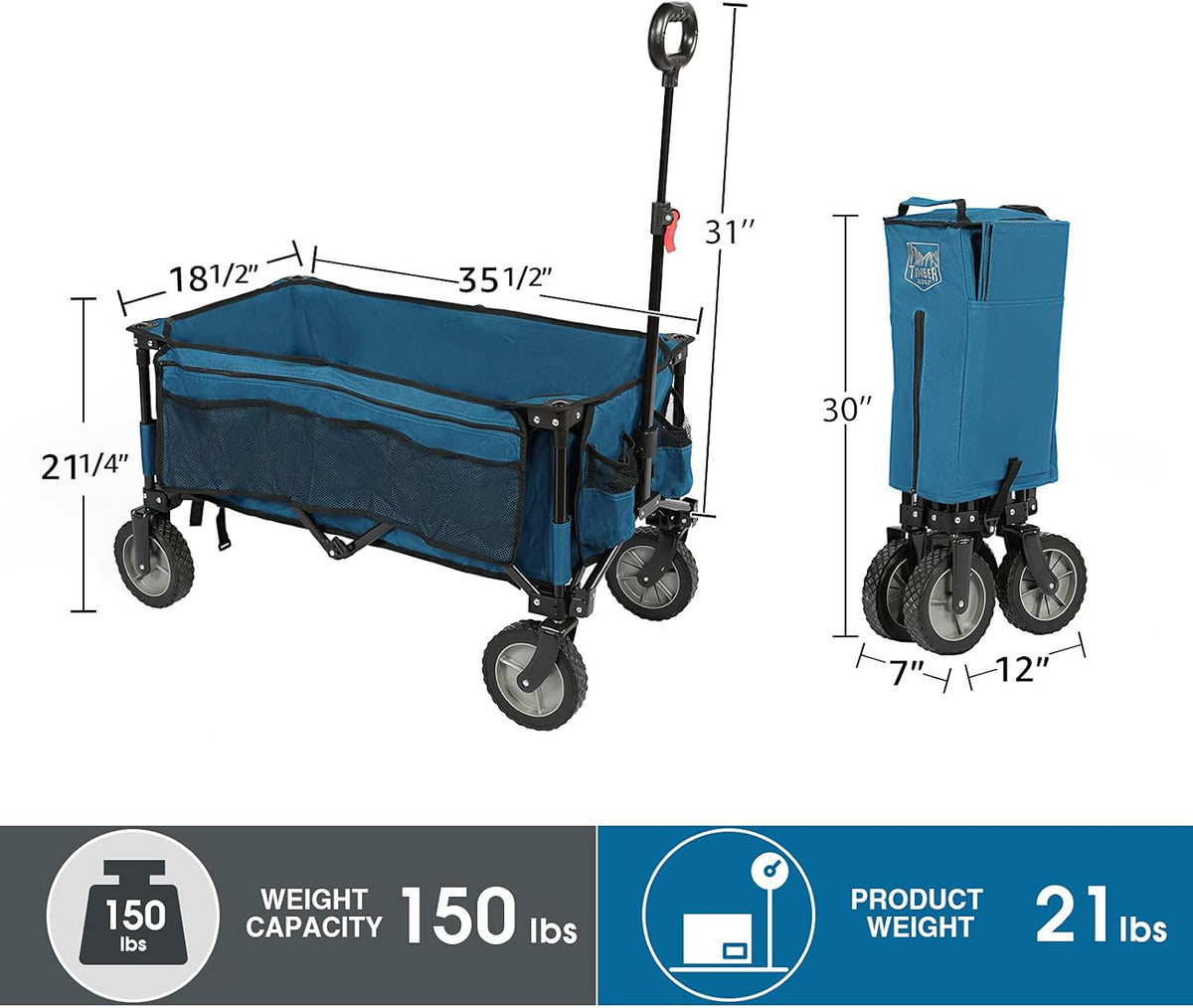 Collapsible Outdoor Folding Wagon Cart with Side Bag Cup Holder W134