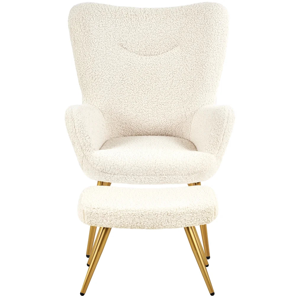Ivory Boucle Accent Chair and Ottoman Set with Golden Metal Legs Q43611