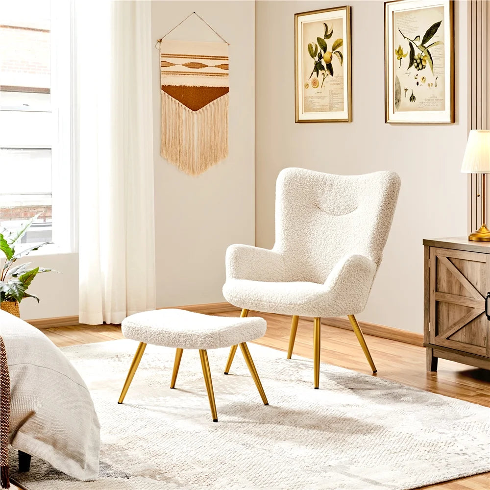 Ivory Boucle Accent Chair and Ottoman Set with Golden Metal Legs Q43611