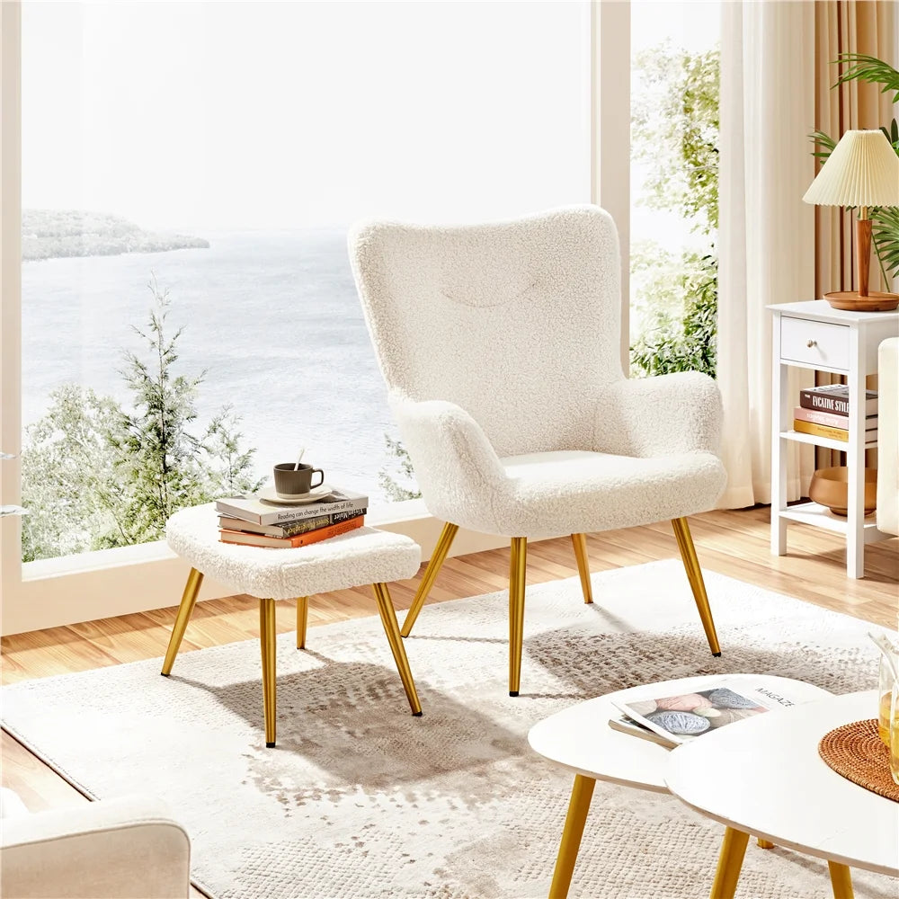 Ivory Boucle Accent Chair and Ottoman Set with Golden Metal Legs Q43611