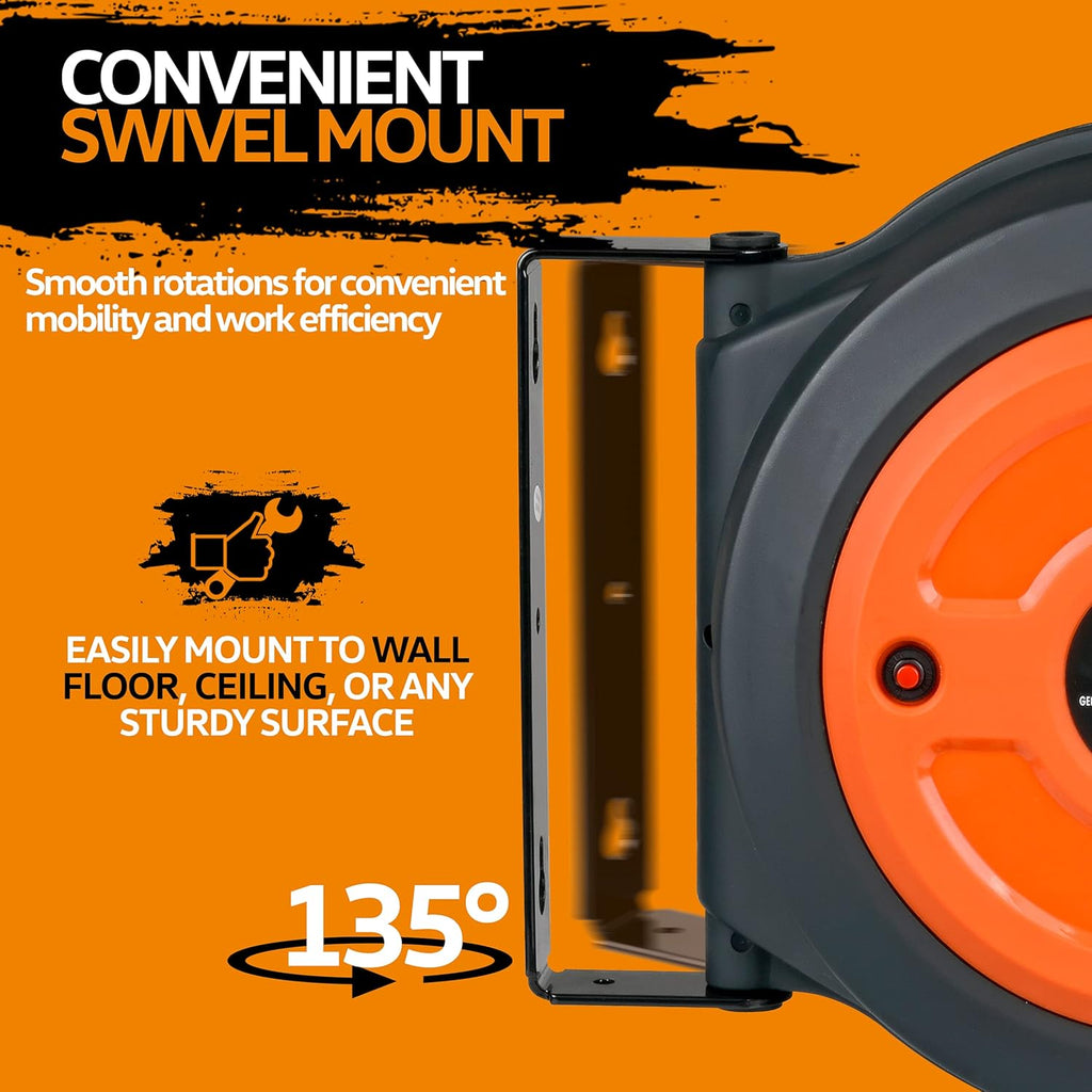 Retractable Extension Cord Reel 16AWG x 50' Feet Industrial Polypropylene Ultra Heavy Duty 3C SJTOW Commercial Ultra Flexible Cable Triple Tap Connector O318039